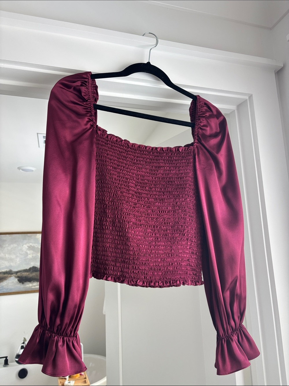 Reformation Burgundy Satin Smocked Crop Top